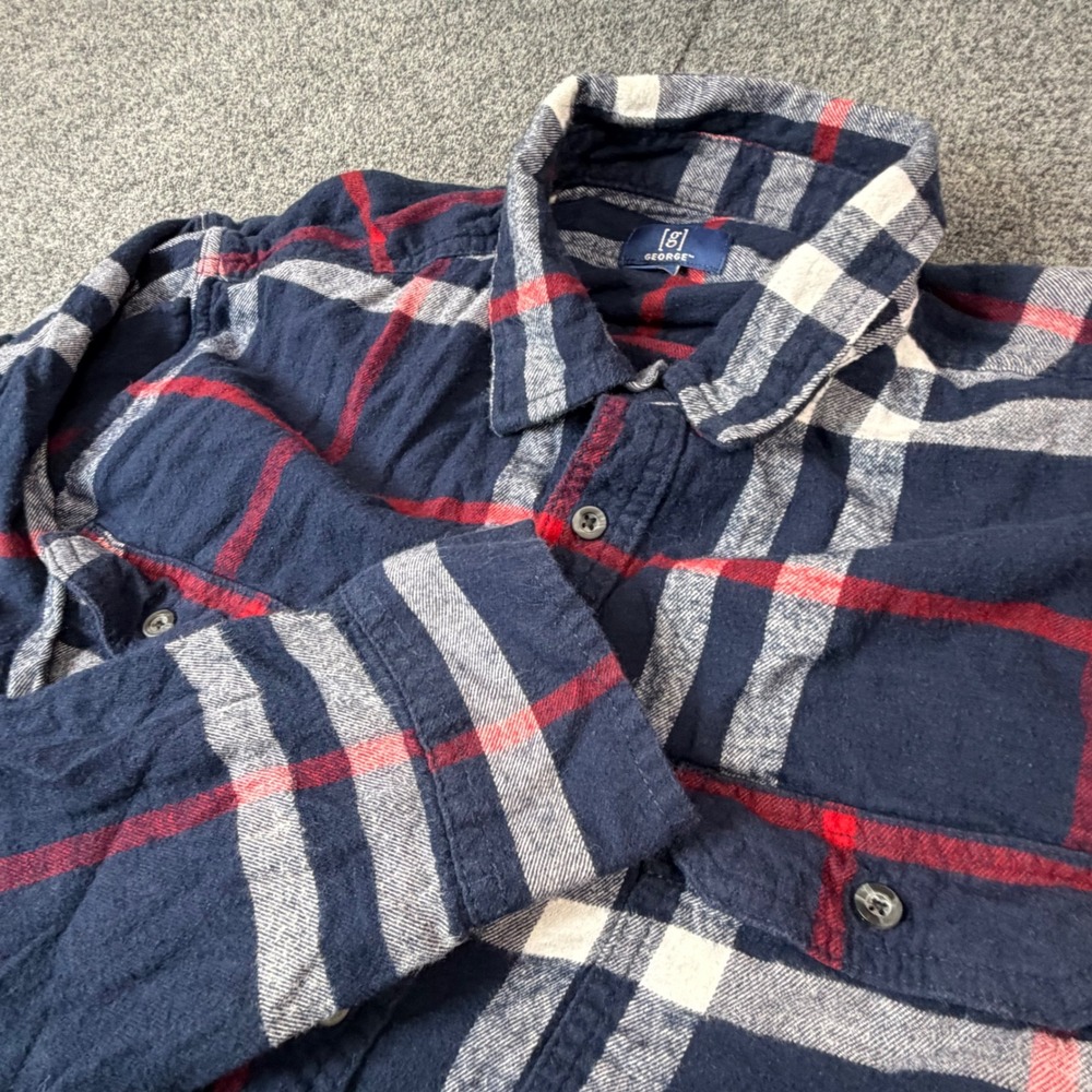 George Mens XL Flannel Shirt Navy Blue Red White‎ Plaid Long Sleeve Button Down